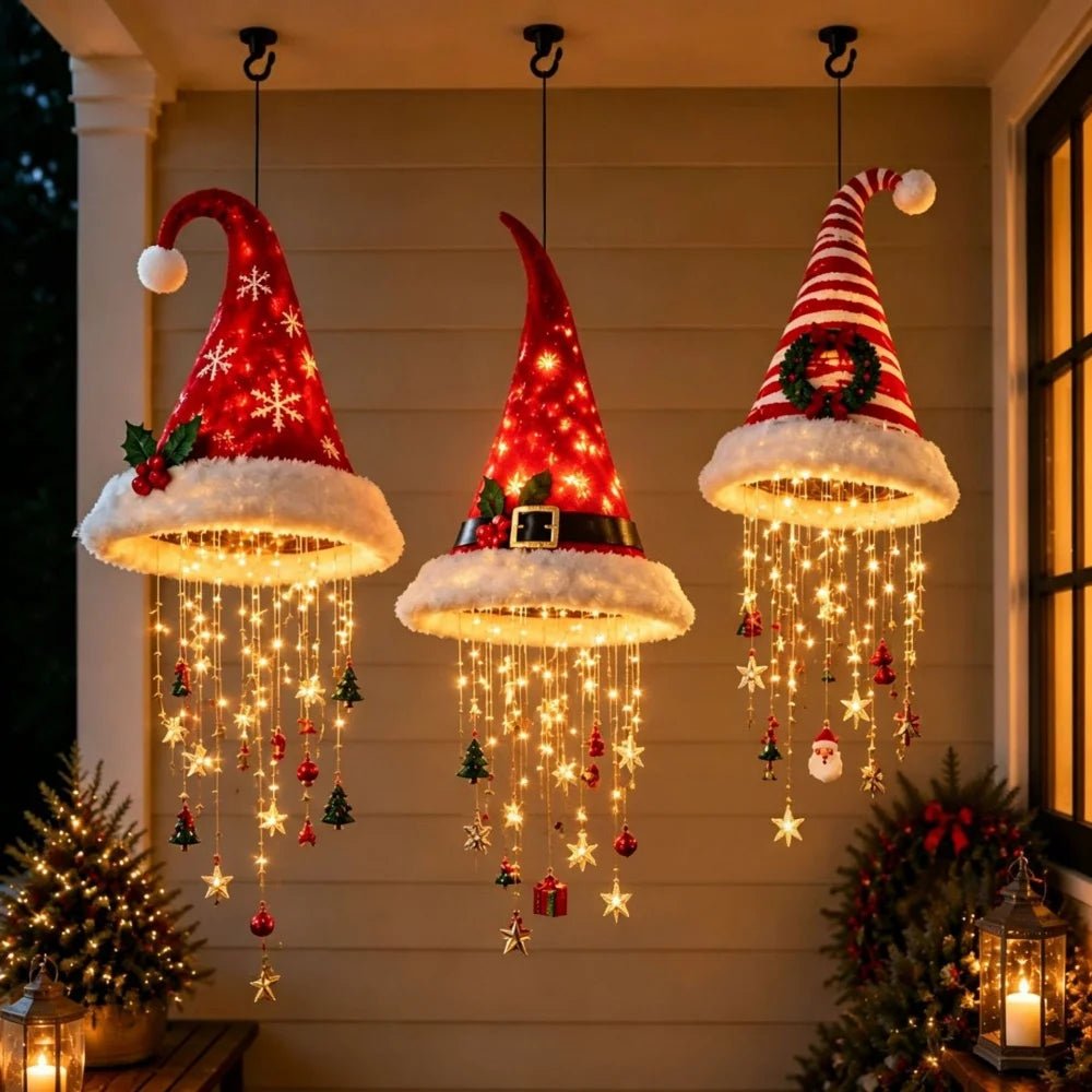 Chapéu de Papai Noel Iluminado com Flocos de Neve, Pendente para Árvore de Natal, Lanterna Suspensa, Decoração de Natal para Casa, Presentes para Festa de Ano Novo
