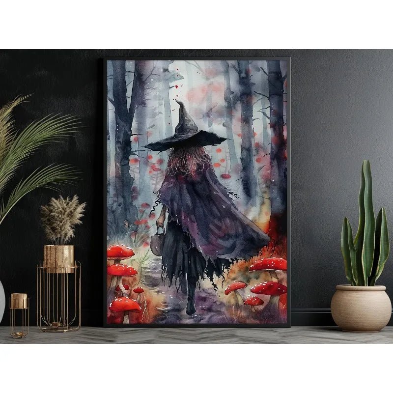Pôster de Decoração de Parede de Halloween: Bruxa Sombria no Bosque com Flores - Impressão em Tela Sem Moldura para Decoração Festiva de Casa - Kasa & Pet