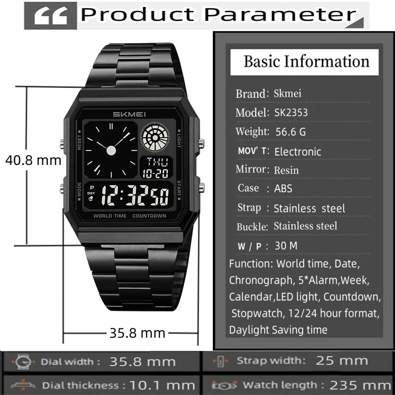 Skmei Electronics Sports Watches for Mens Classical Analog Digital Display Multiple Time Zone LED Waterproof Male 5 Alarm Clock