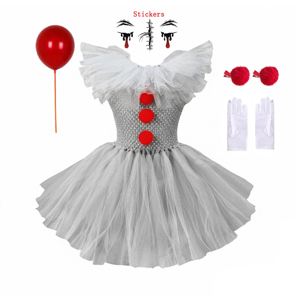 Fantasia de Palhaço Assustador para Meninas, Vestido Tutu de Tule Cinza, Roupa de Cosplay para Halloween, Carnaval dos Mortos e Festas de Palco
