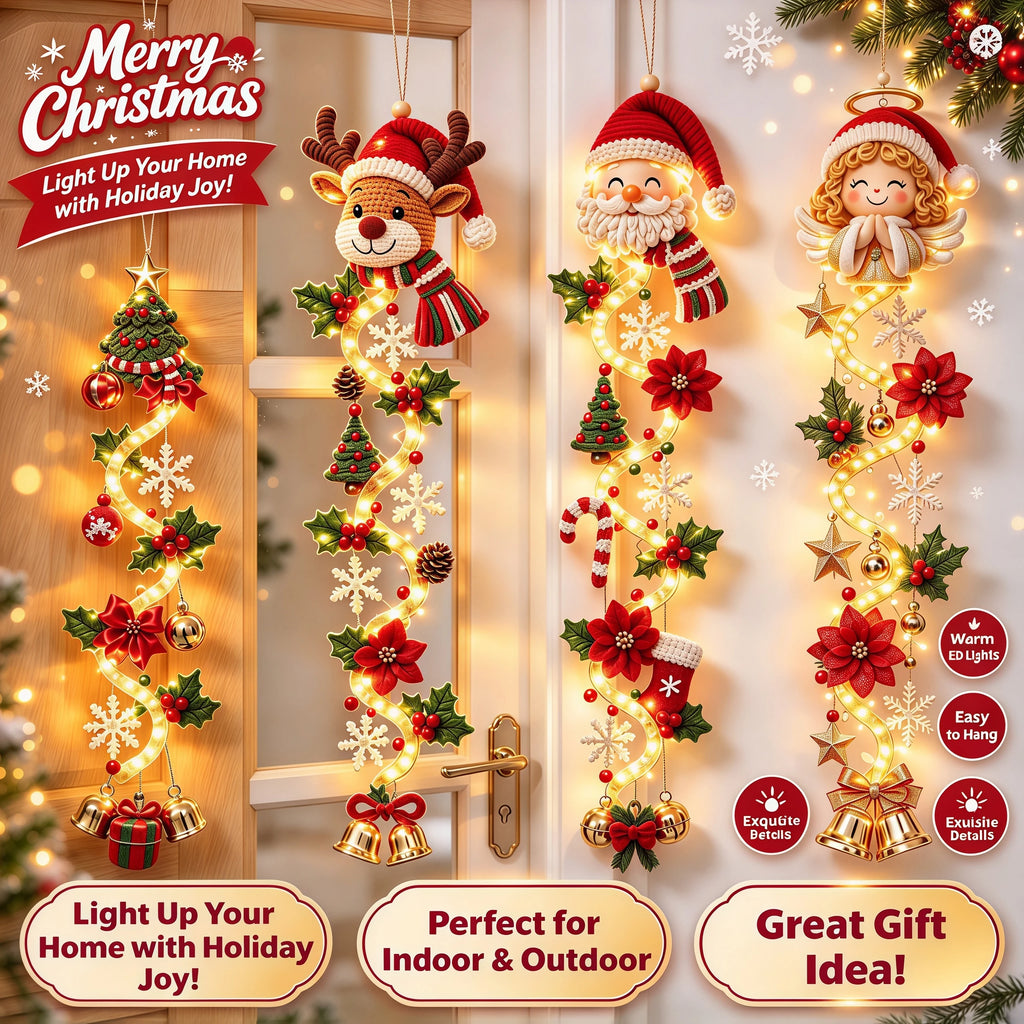 Decoração de Natal, enfeite de porta de Natal com luzes LED, Papai Noel de crochê feito à mão, enfeite de árvore de Natal, sino, decoração para casa, parede, porta, decoração de Ano Novo.