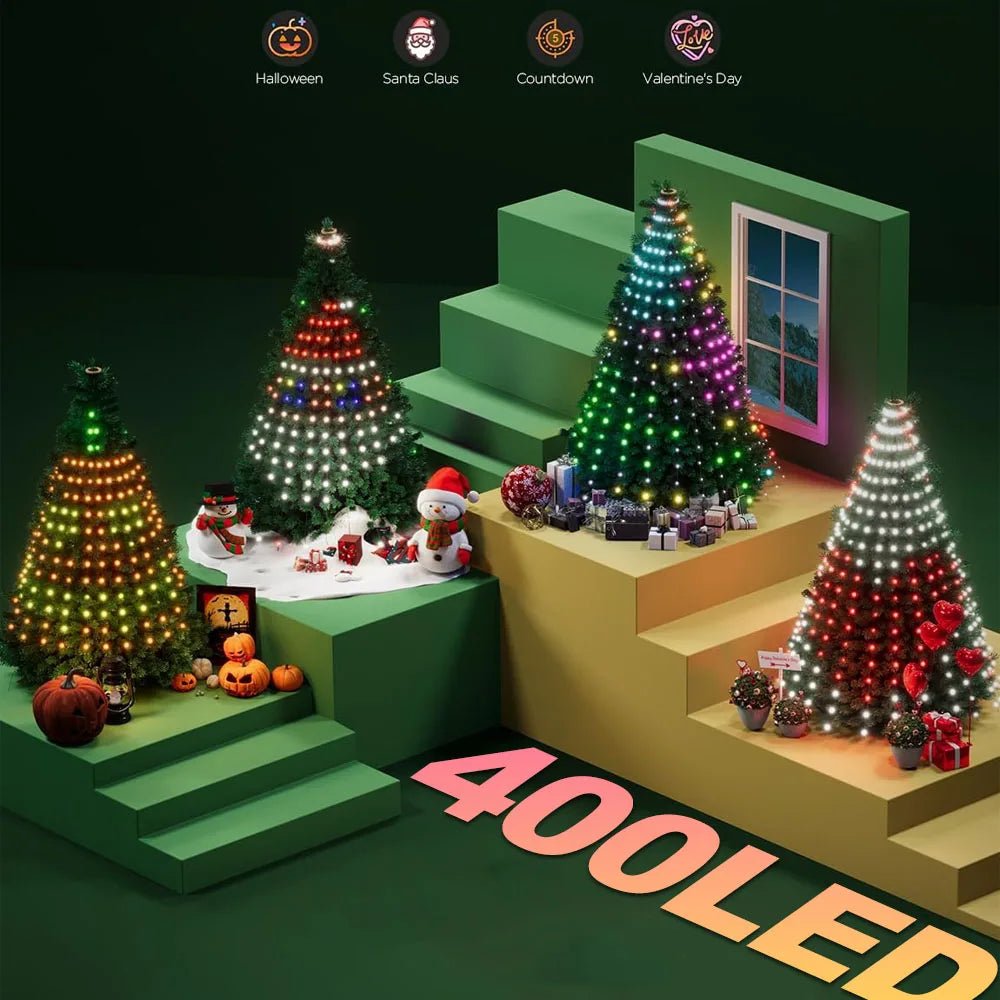 Luzes LED para Árvore de Natal 400 LEDs, Luzes de Cordão RGB Inteligentes para Decoração de Feriados, Controle por APP/Remoto
