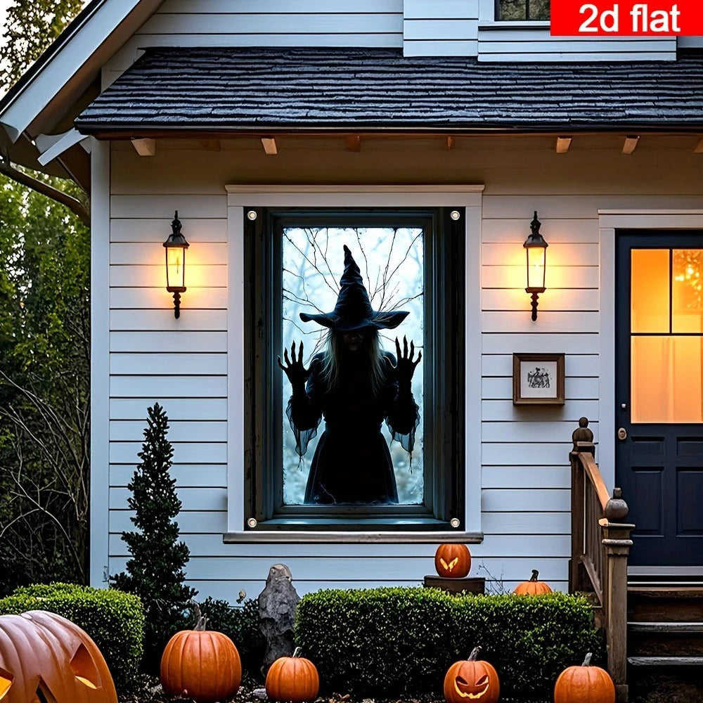 Decoração de Janela de Halloween com Silhueta 2D de Bruxa, Banner e Cortina com Estampa de Mão de Fantasma Assustadora para Festa em Casa e Decoração de Casa Assombrada