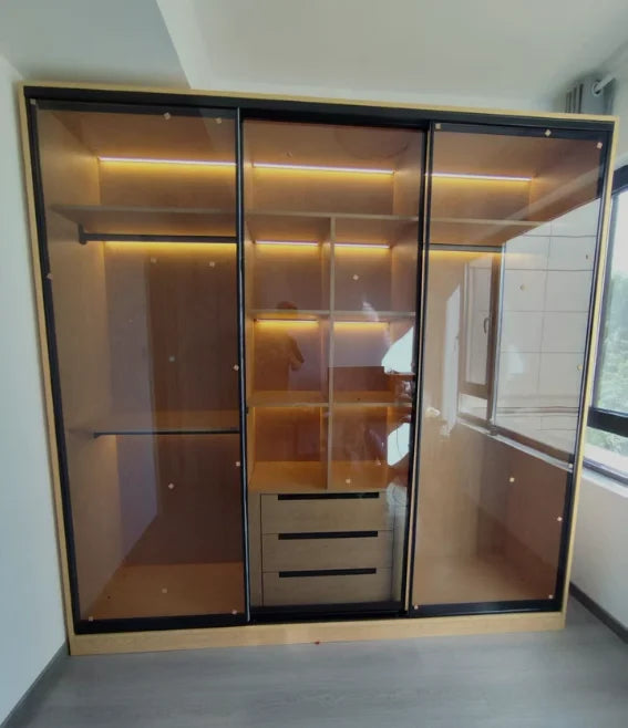 Bedroom Household Solid Wood Sliding Door Wardrobe Glass Double Wardrobes Storage Cabinet Clothes Closet Clothing Home Furniture