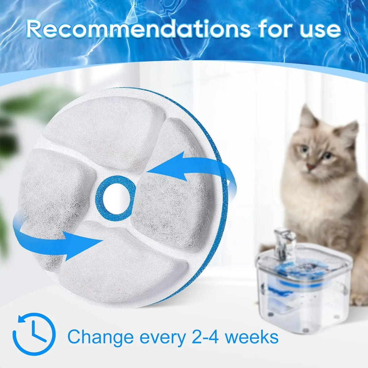 Dispensador de água para animais de estimação, filtro para fonte de água de gato, filtro para fonte potável, filtragem de ciclo, fácil de limpar