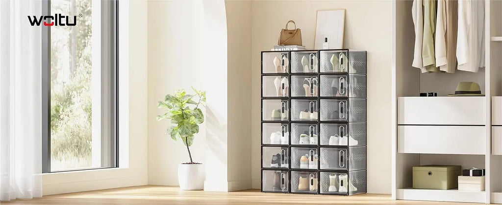 WOLTU 8/12/18PCS Caixas de sapato empilháveis Modular DIY Sapateira Cubos de sapato dobráveis de plástico transparente para corredor sala de estar