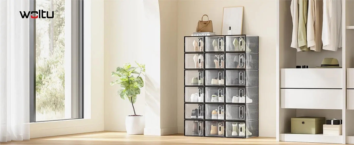 WOLTU 8/12/18PCS Caixas de sapato empilháveis Modular DIY Sapateira Cubos de sapato dobráveis de plástico transparente para corredor sala de estar
