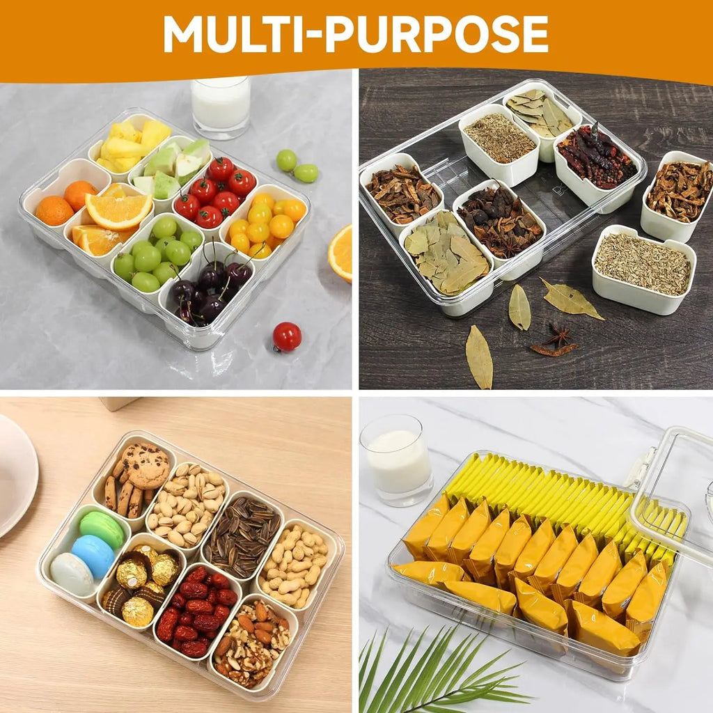 Bandeja de Servir Dividida com Tampa, Recipiente para Armazenamento de Alimentos, Caixa de Lanches, Recipientes para Lanches com 8 Compartimentos, Recipientes para Armazenamento de Frutas