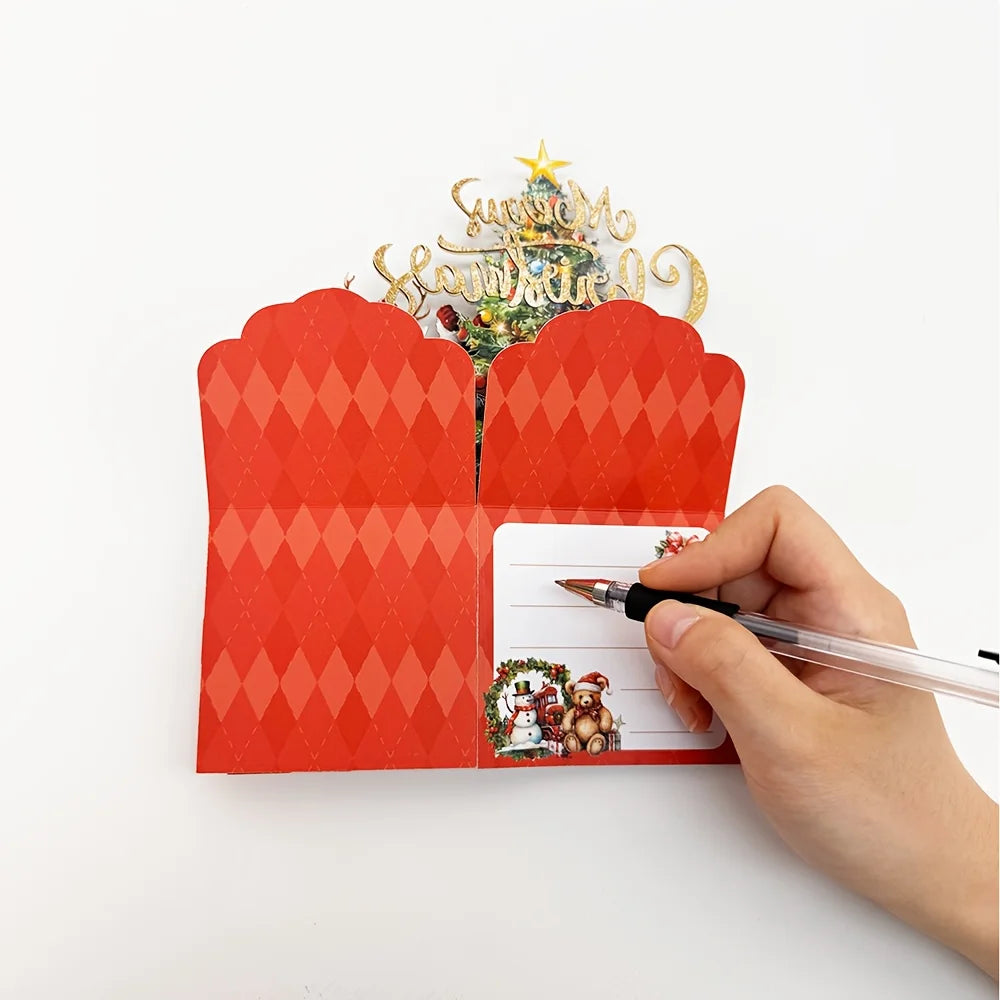 Cartões de Natal com Tema de Árvore de Natal, Papai Noel e Rena, Cartão Pop-Up 3D com Envelope, Suprimentos de Decoração para Festas de Fim de Ano, 1 unidade