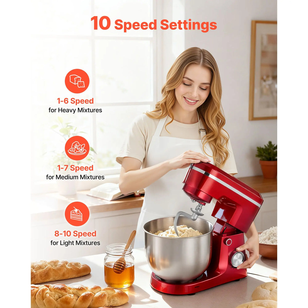 300W Electric Kitchen Mixer 6 QT Stand Mixer with 10 Speeds Tilt Head Feature Stainless Steel Bowl Dough & Food Mixer
