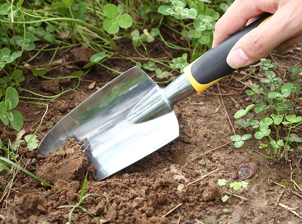 Ferramentas de Jardinagem: Pá de Mão, Ancinho, Cultivador e Sachador com Cabo Ergonômico para Jardim, Gramado, Terras Agrícolas, Transplante e Bonsai