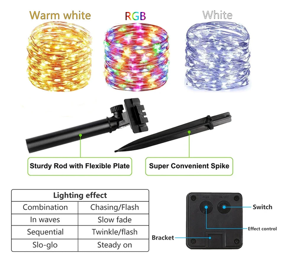 Luz solar ao ar livre da corda led guirlanda de fadas 8 modo jardim quintal festa decoração natal lâmpada fio cobre