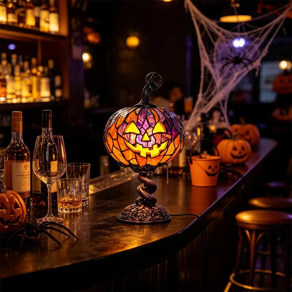Luminária de Mesa de Abóbora Alta para Halloween com Fantasma e Morcego Brilhantes, Artesanato em Resina, Luminária Criativa para Decoração de Casa
