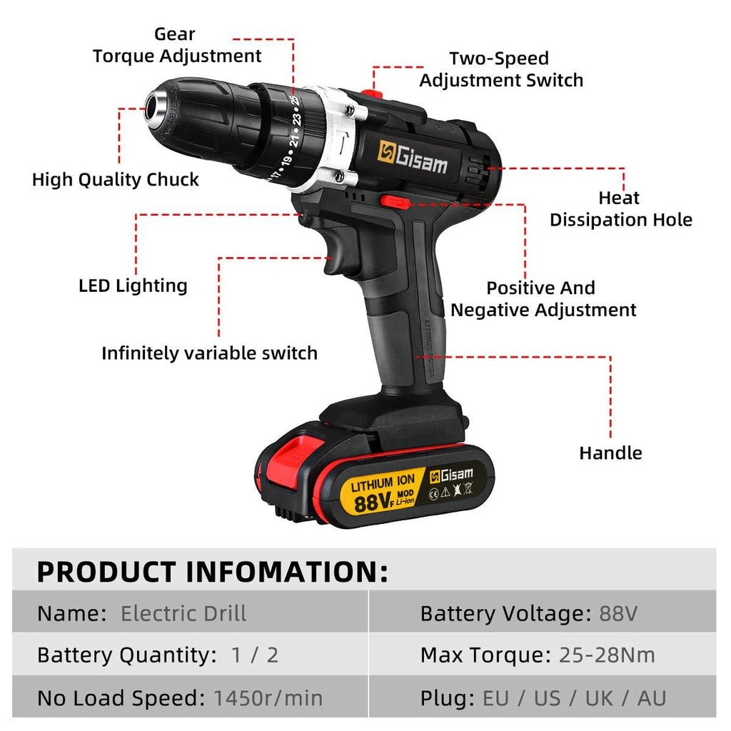 21v furadeira de impacto sem fio chave de fenda elétrica broca de martelo mini furadeira de mão sem fio bateria de íon de lítio ferramentas elétricas