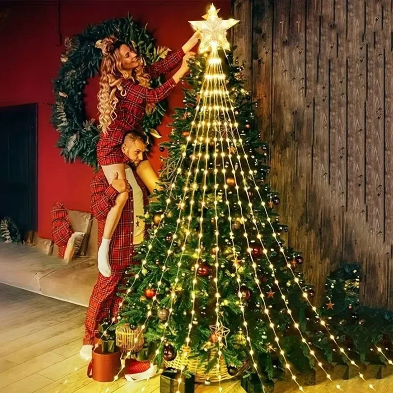 Luzes de corda de fadas cascata de natal com estrela topper, decorações de árvore de natal para casa 2025 navidad natal ano novo 2026