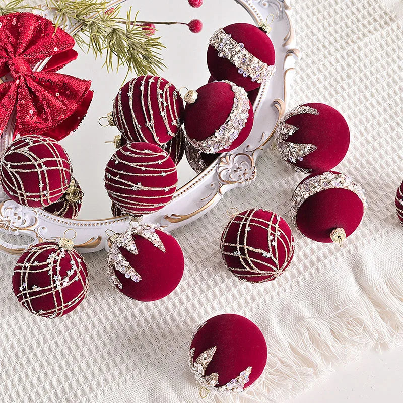 12pçs 6cm vinho tinto veludo bolas de natal 2025 conjunto de ornamento para festa de árvore decoração de esferas de férias de ano novo