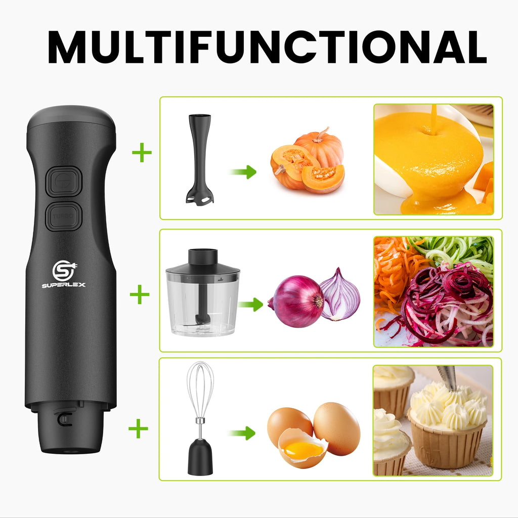 SUPERLEX 350W Mixer de Imersão 4 em 1, Conjunto de Mixer Elétrico Portátil com Batedor, Copo Medidor de 500ml e Picador de 700ml, Controle de 2 Velocidades para Sopas, Smoothies, Papinhas e Carne Moída