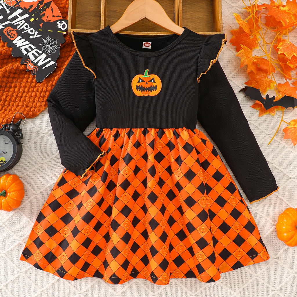 Vestido de festa de halloween para meninas, padrão de losango de abóbora, tecido canelado costurado, vestido de manga comprida adequado para meninas de 1 a 8 anos