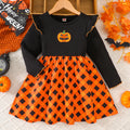 Vestido de festa de halloween para meninas, padrão de losango de abóbora, tecido canelado costurado, vestido de manga comprida adequado para meninas de 1 a 8 anos