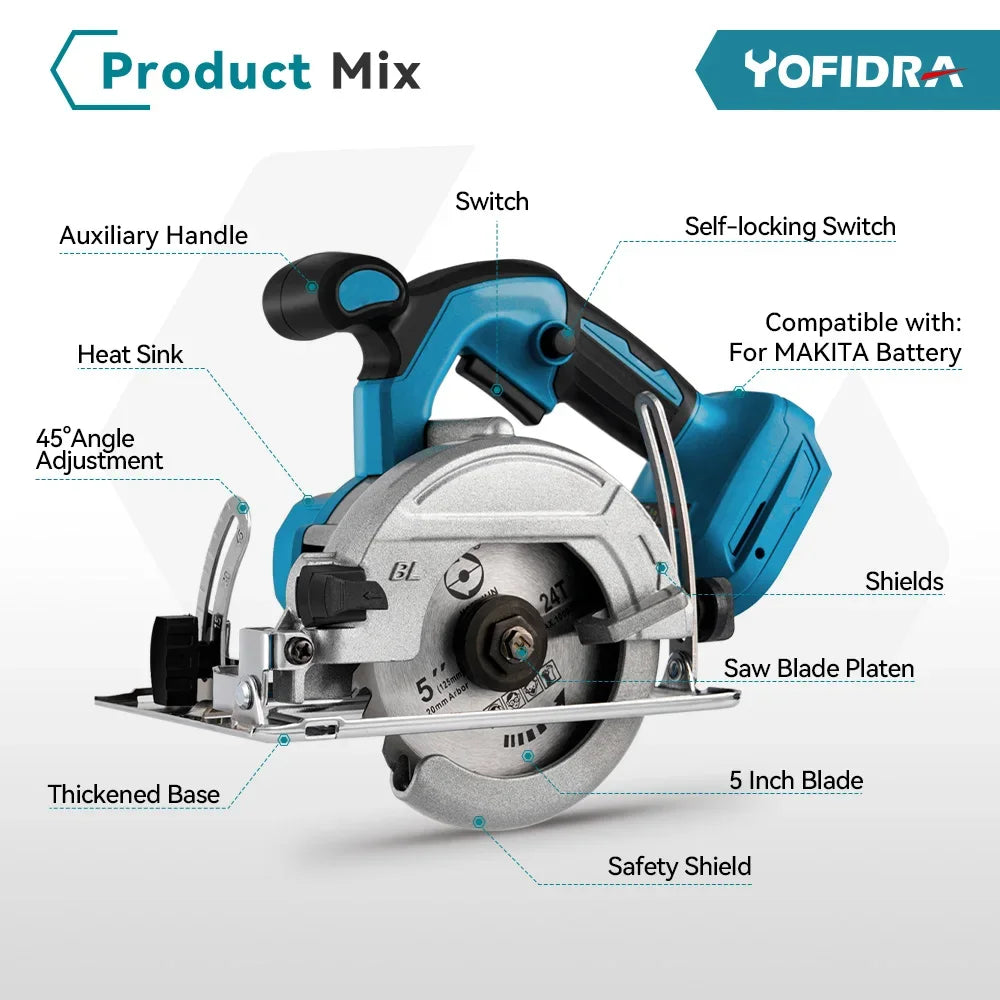 Serra Circular Elétrica Sem Fio YOFIDRA de 5 Polegadas 125mm °   até 45 °   Máquina de Corte de Madeira Ajustável para Bateria Makita