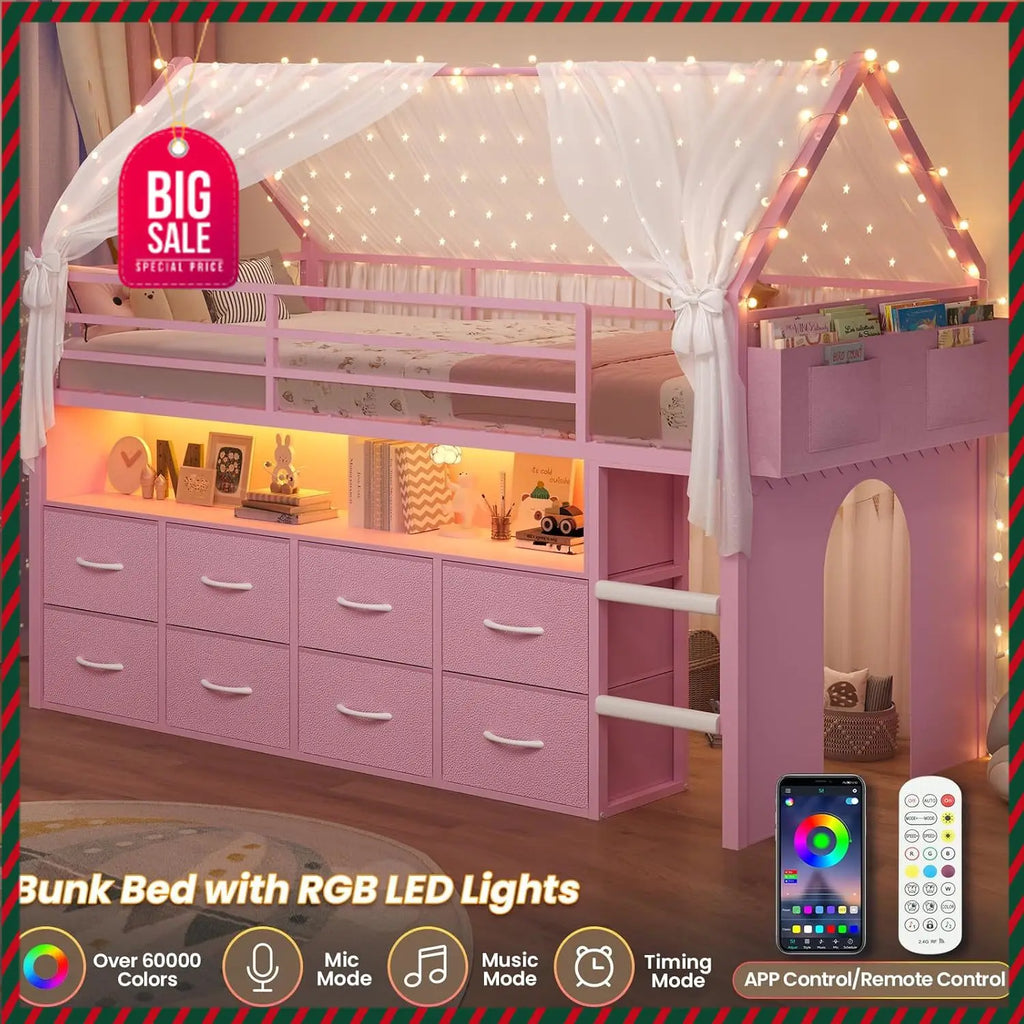 Cama Loft de Tamanho Twin para Crianças, com 8 Gavetas de Armazenamento e Luzes LED, Cama de Metal em Forma de Casa com Estante, Escada de Espuma Macia, 13.4