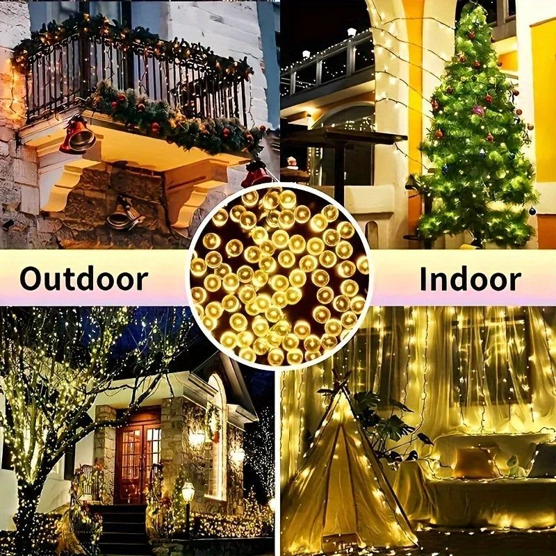 Luzes de Cordão LED Alimentadas por Energia Solar com 8 Modos de Piscar Diferentes, Ideais para Decorar Jardins, Casamentos, Halloween e Natal