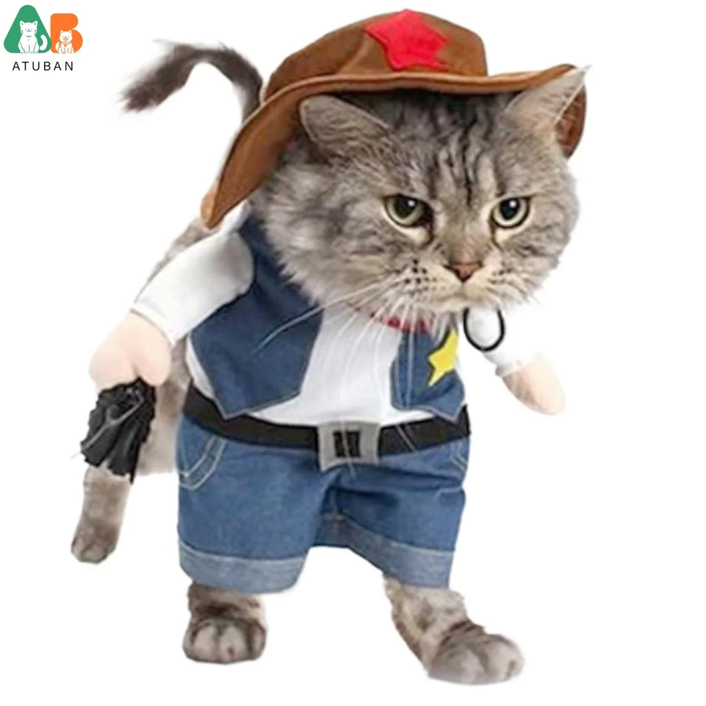 Trajes de Halloween para cães e gatos, uniforme de cowboy ocidental com chapéu, roupa engraçada de cowboy para animais de estimação, fantasia engraçada para gatos e cães pequenos