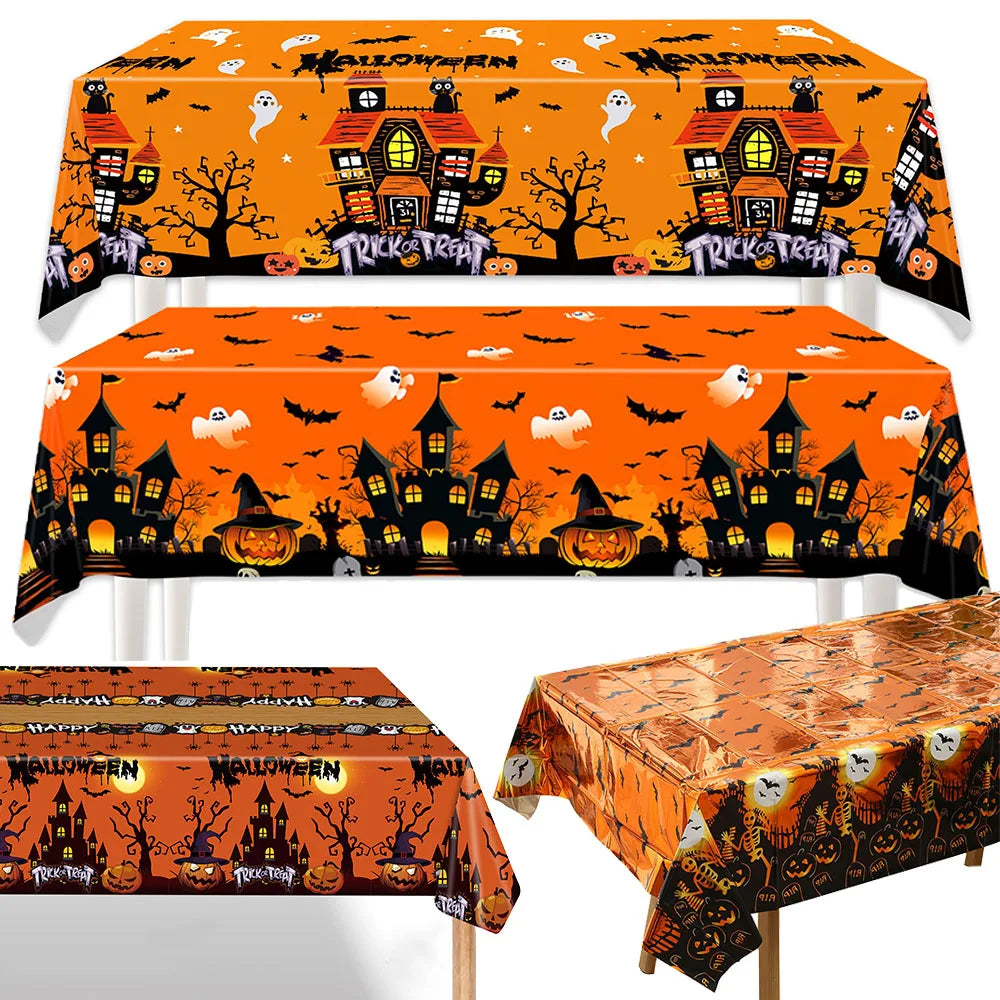 Toalhas de mesa com tema de Halloween, decorações de festa fantasma de abóbora, mesa retangular de plástico, lembranças para crianças, decoração de mesa, suprimentos para festas