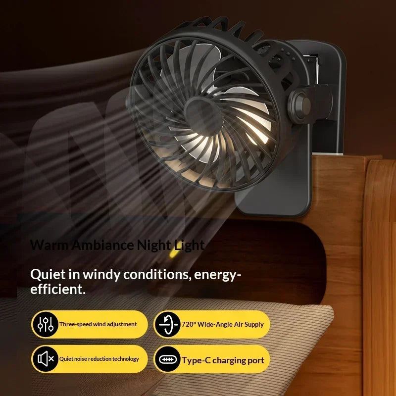Mini Ventilador Portátil 720 ° Ventilador Portátil Recarregável USB com Lâmpada Noturna Integrada e Rotação, Fluxo de Ar Potente para Viagens, Camping e Atividades ao Ar Livre