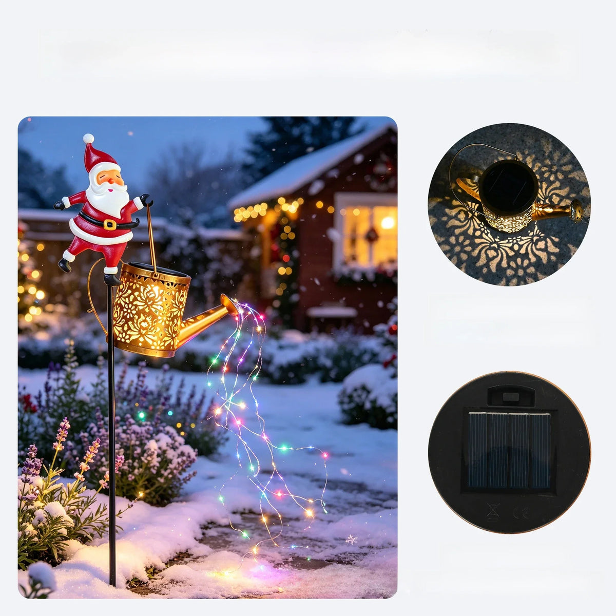 Lanterna Solar de Natal com Papai Noel para Jardim, Regador de Metal à Prova d'Água para Decoração de Quintal e Pátio