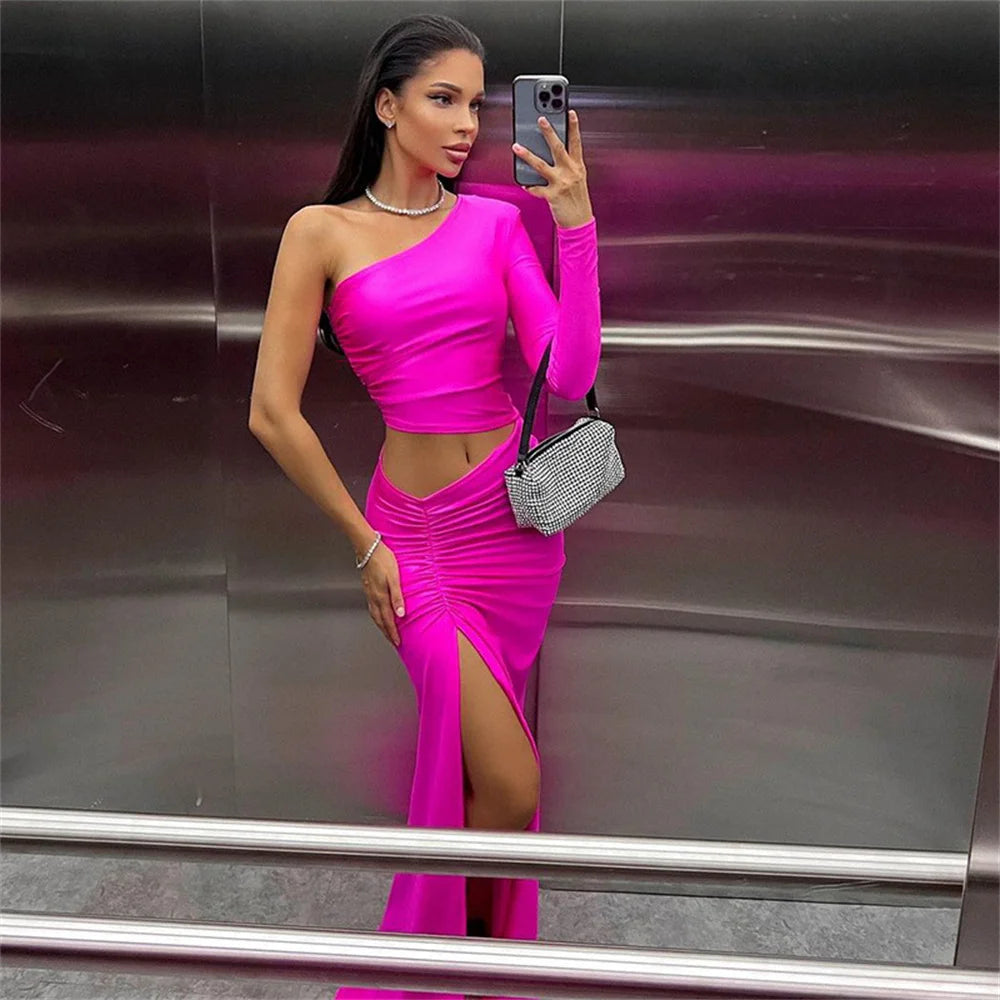 CNYISHE Women's One-Shoulder Cut-Out Ruched Split Maxi Dress Elegant Party Prom Gown Sexy Birthday Outfits
