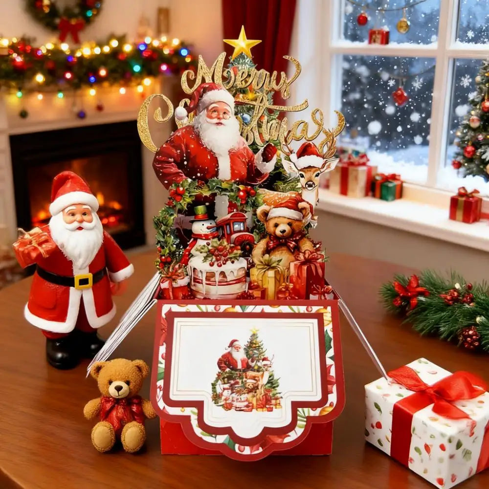 Cartões de Natal com Tema de Árvore de Natal, Papai Noel e Rena, Cartão Pop-Up 3D com Envelope, Suprimentos de Decoração para Festas de Fim de Ano, 1 unidade