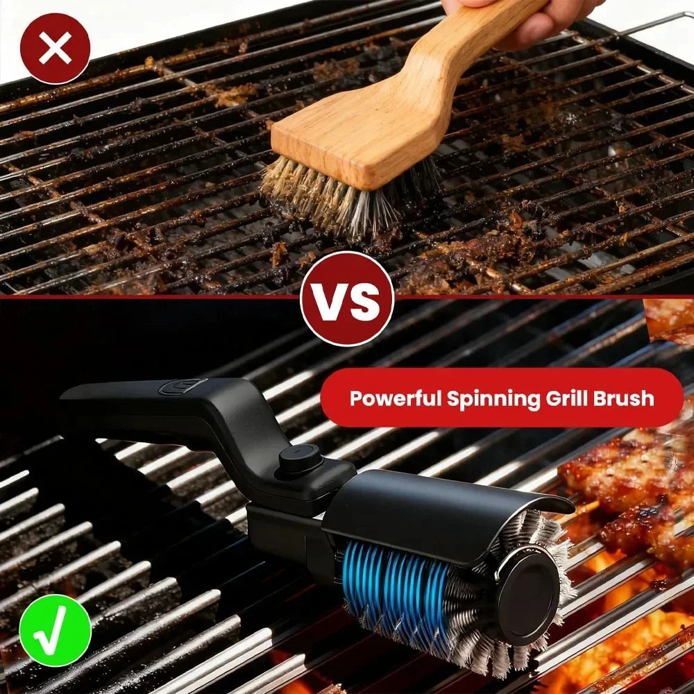 Escova Elétrica para Grelha 2 em 1 Sem Fio Recarregável, Escova de Limpeza para Grelha com Cabeça de Aço Inoxidável, Potência de 3 Velocidades para Grelhas de Churrasco