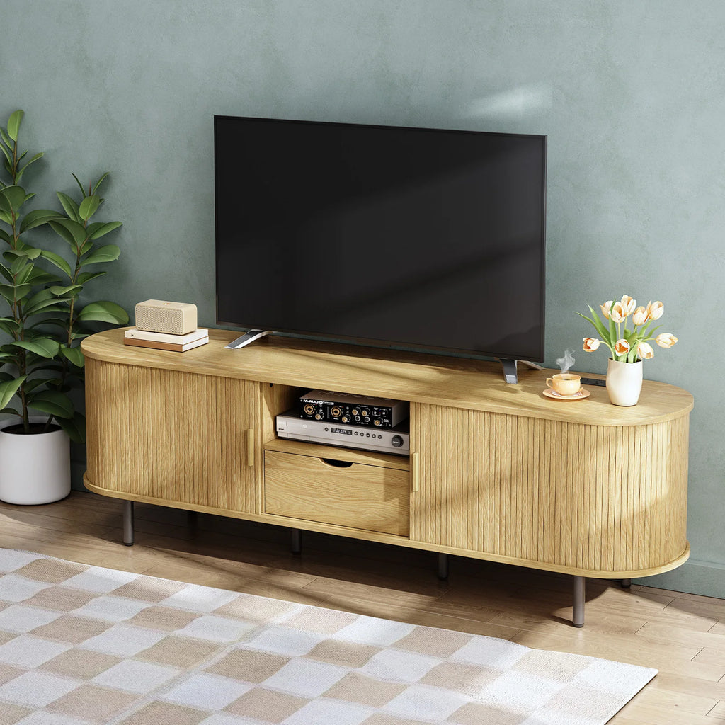 Suporte de TV de 69" com tomada de energia para TVs de até 80", centro de entretenimento com armazenamento e gaveta, console de TV com prateleiras ajustáveis