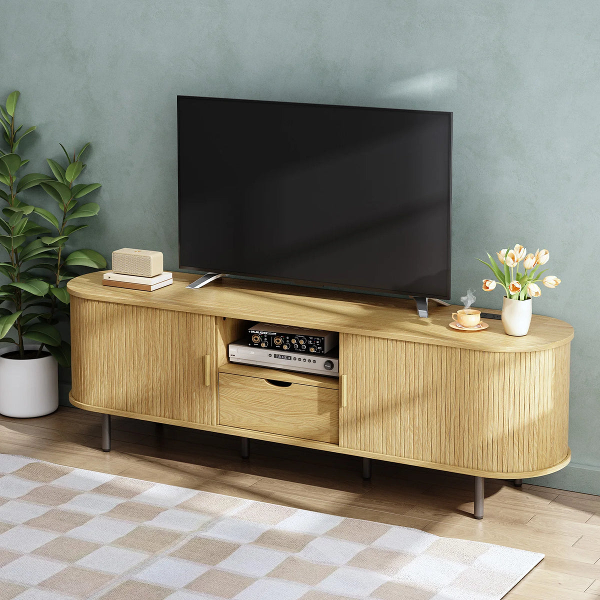 Suporte de TV de 69" com tomada de energia para TVs de até 80", centro de entretenimento com armazenamento e gaveta, console de TV com prateleiras ajustáveis