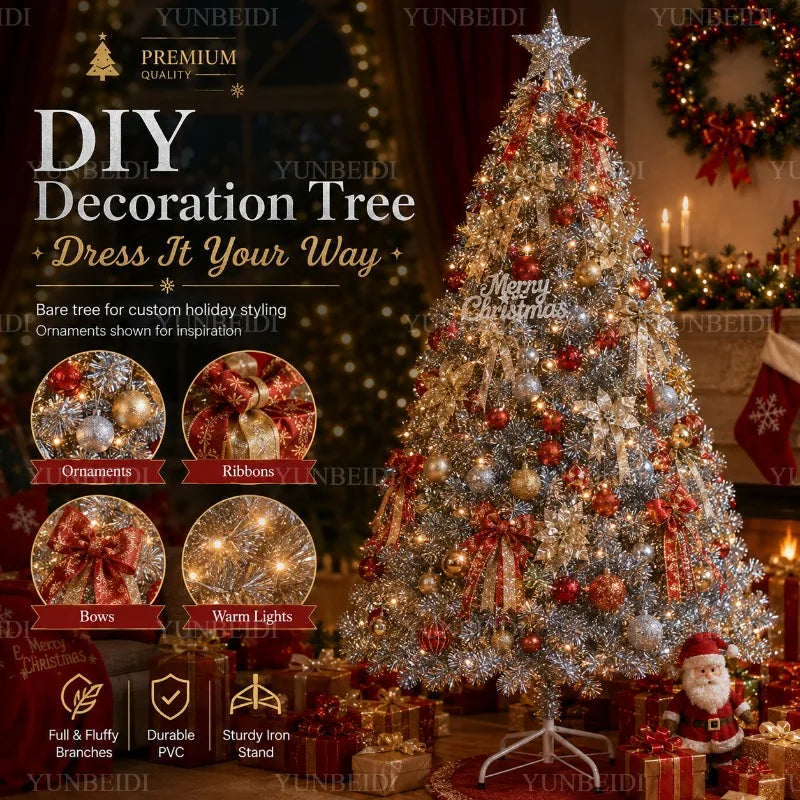 Árvore de Natal Artificial Prateada em PVC 120-240cm de Alta Qualidade com Luzes LED Quentes, Decoração para Festa de Natal em Casa