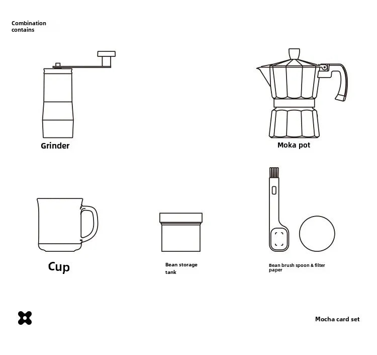 Conjunto de cafeteira moedor de mão, conjunto de moedor de mão caixa de presente, pote moka conjunto de 6 peças, com copo, lixeira de feijão, papel de filtro e colher de escova de feijão