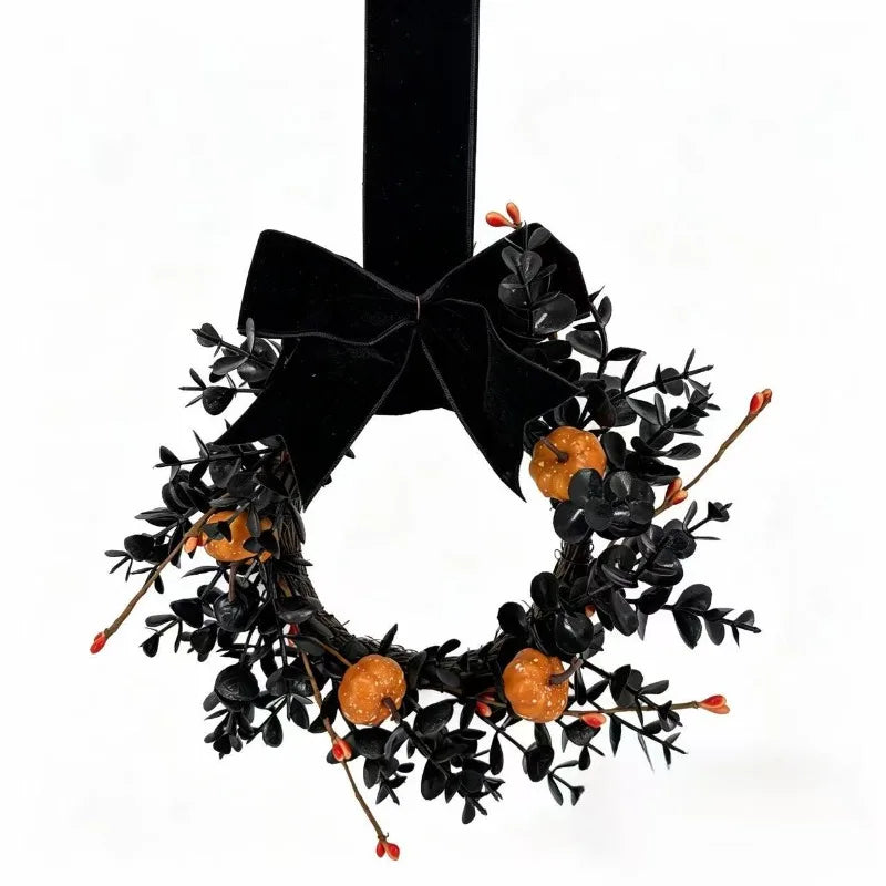 Guirlanda de Abóbora de Halloween com Laço, Guirlanda de Frutas Vermelhas de Outono, Decoração para Porta da Frente