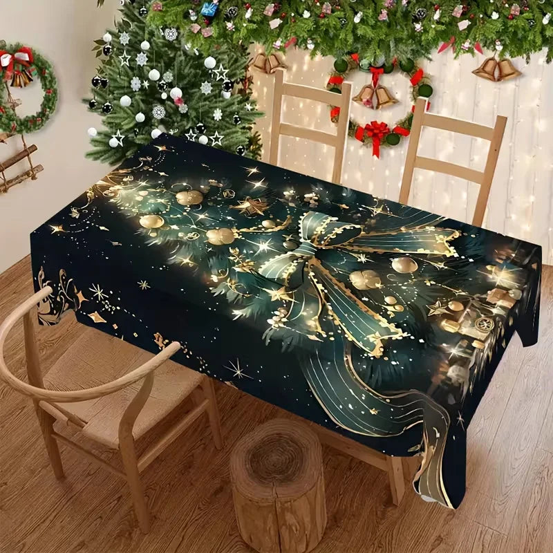 Toalha de Mesa de Natal: Decoração Clássica de Inverno com Estampa de Papai Noel, Floco de Neve e Pinhas – Suprimentos para Cenário Festivo