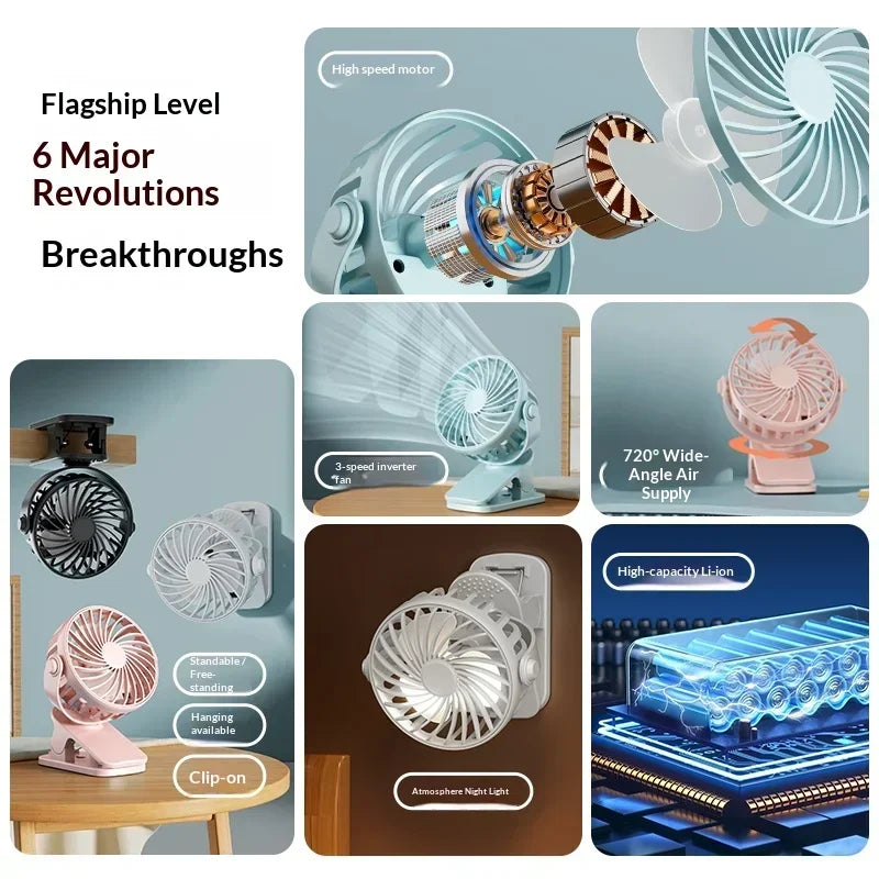 Mini Ventilador Portátil 720 ° Ventilador Portátil Recarregável USB com Lâmpada Noturna Integrada e Rotação, Fluxo de Ar Potente para Viagens, Camping e Atividades ao Ar Livre