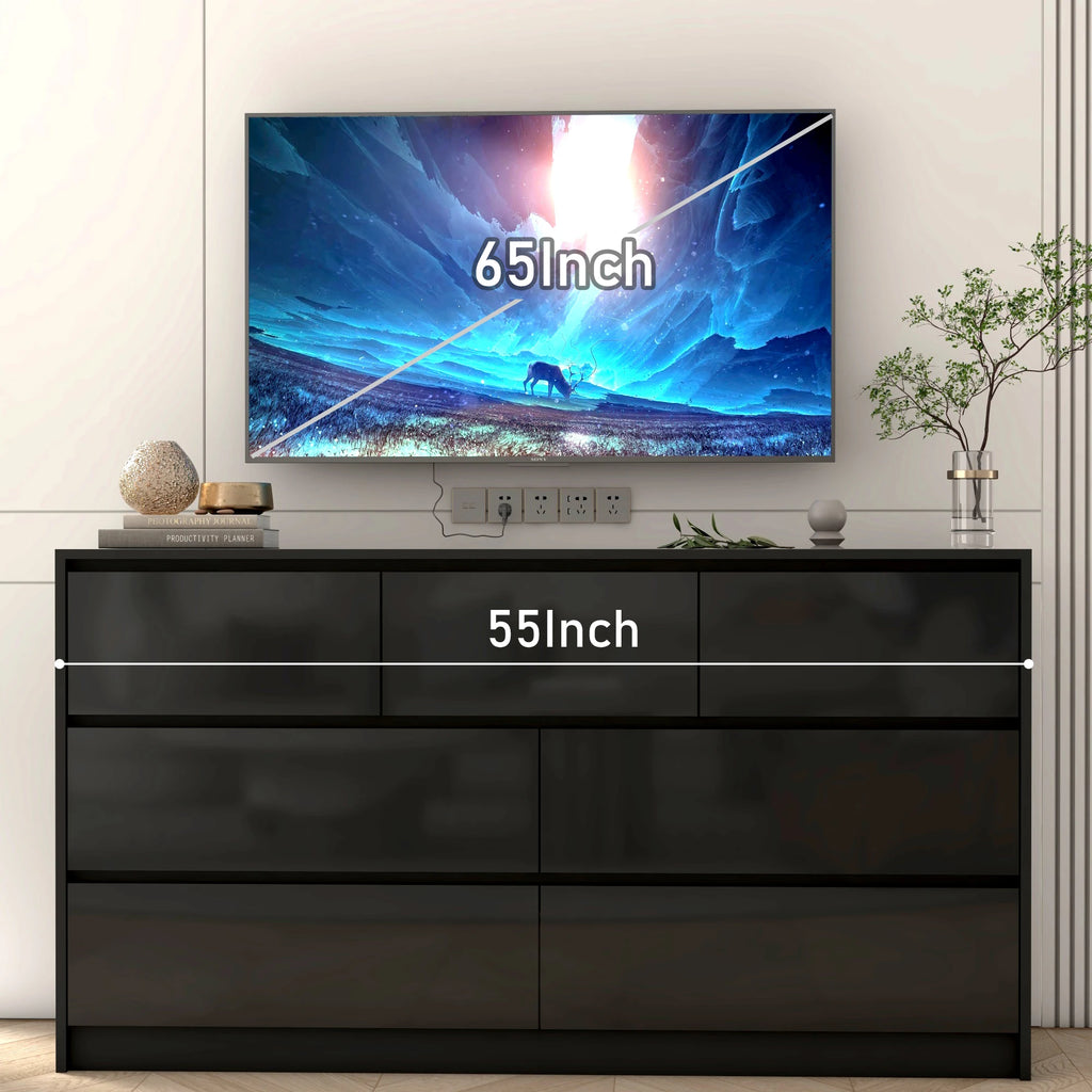 Armário de 7 gavetas com gavetas de alto brilho, grande peito de madeira, branco e preto, 55 "cômoda moderna para o quarto