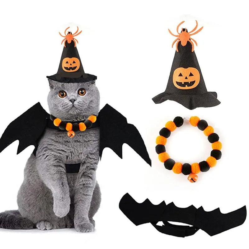 3×Conjunto de Decoração de Fantasia de Halloween para Gato de Estimação - Acessórios de Asas de Morcego, Coleira e Tiara, Fantasia Assustadora e Fofa para Festa de Halloween