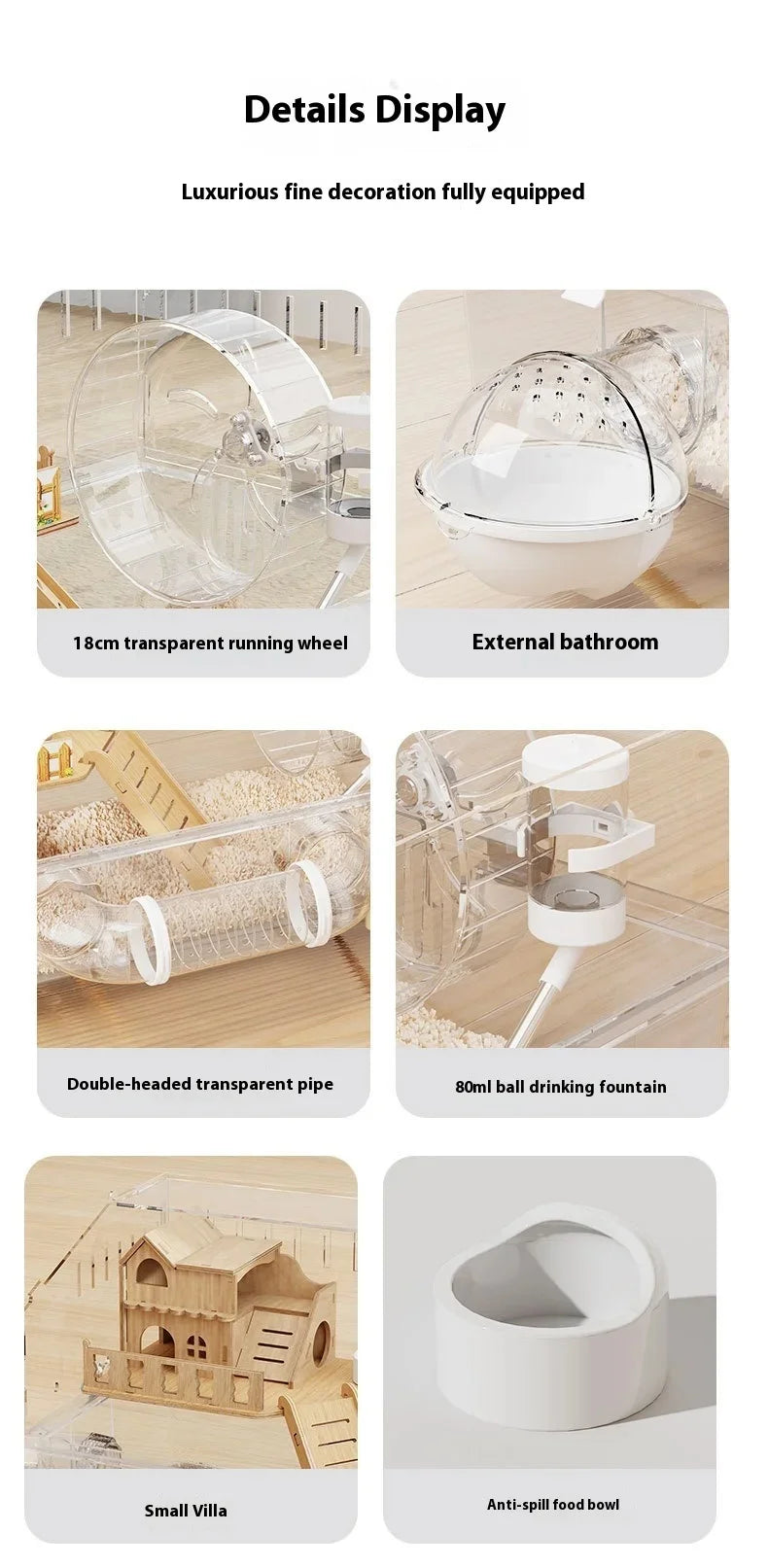 Gaiola para Hamster Espaçosa em Acrílico Transparente com Acessórios, Habitat para Roedores, Suprimentos para Pequenos Animais