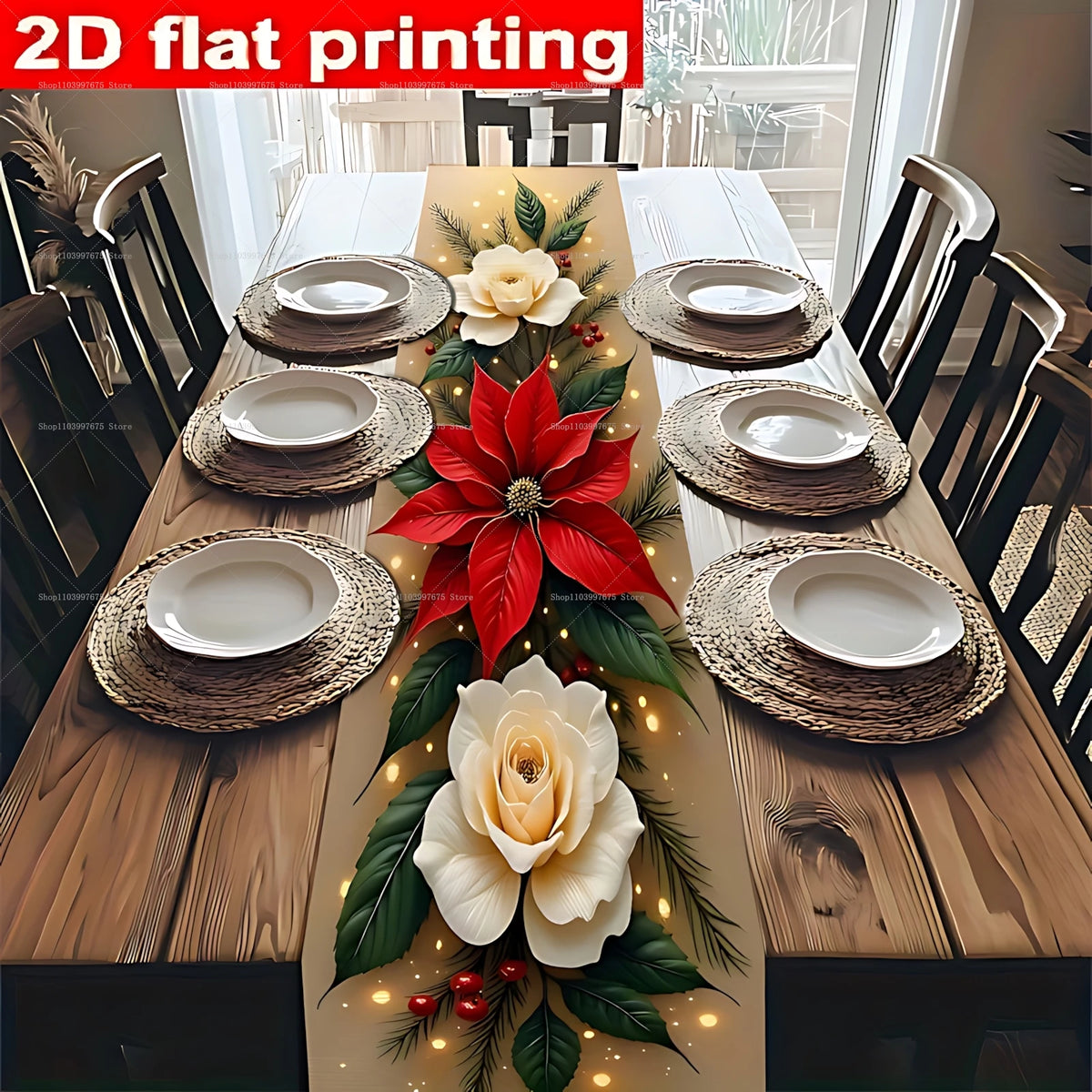 Decorações de Natal, toalha de mesa com estampa de poinsettias e pinhas, toalha de mesa de poliéster, decoração de mesa para festas de Natal e refeições de inverno.