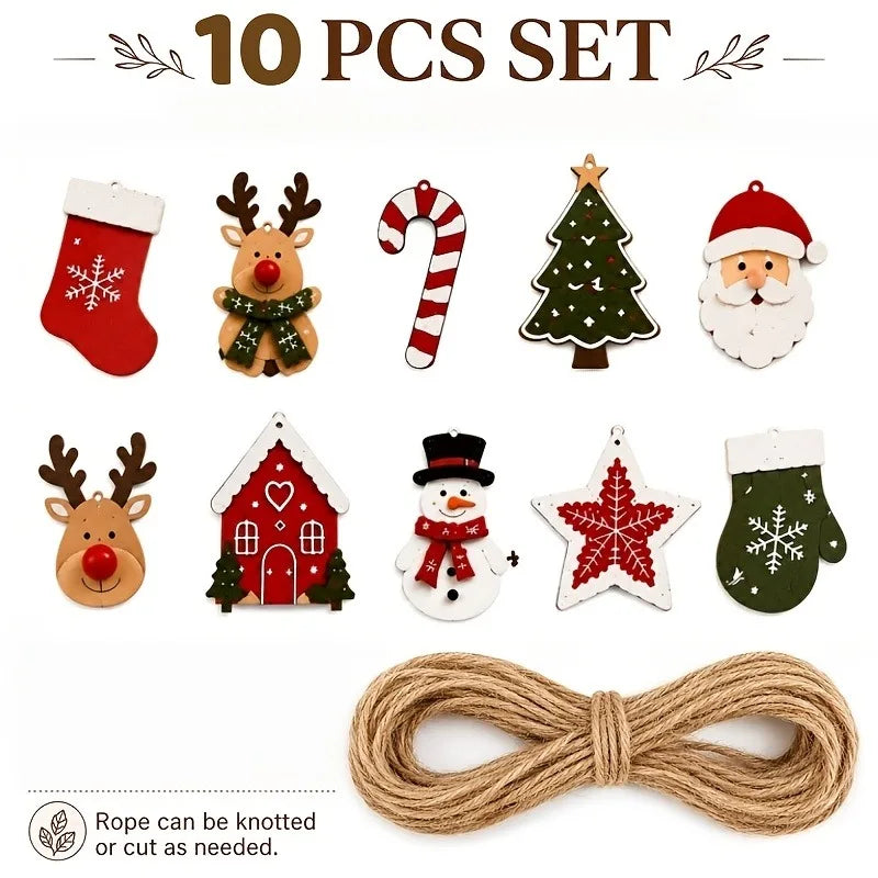 10 peças de decoração de madeira de Natal, Papai Noel, renas, árvore de Natal, estrelas, etc., decoração para festas de inverno/Natal em casa.