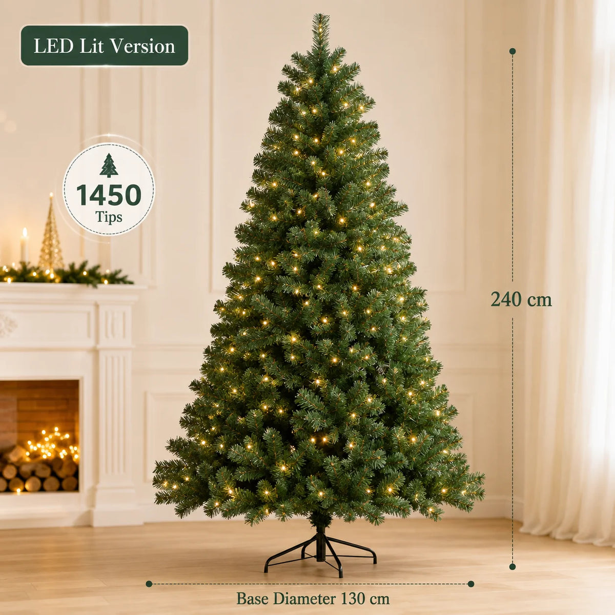 Árvore de Natal Artificial Grande em PVC com Luzes LED, de 120cm a 300cm, Decoração para Festa de Natal e Ano Novo em Família