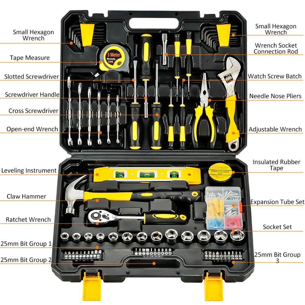 Conjunto de ferramentas manuais de 108 peças para reparo doméstico e de carro com caixa de ferramentas de plástico, kit de ferramentas domésticas em geral