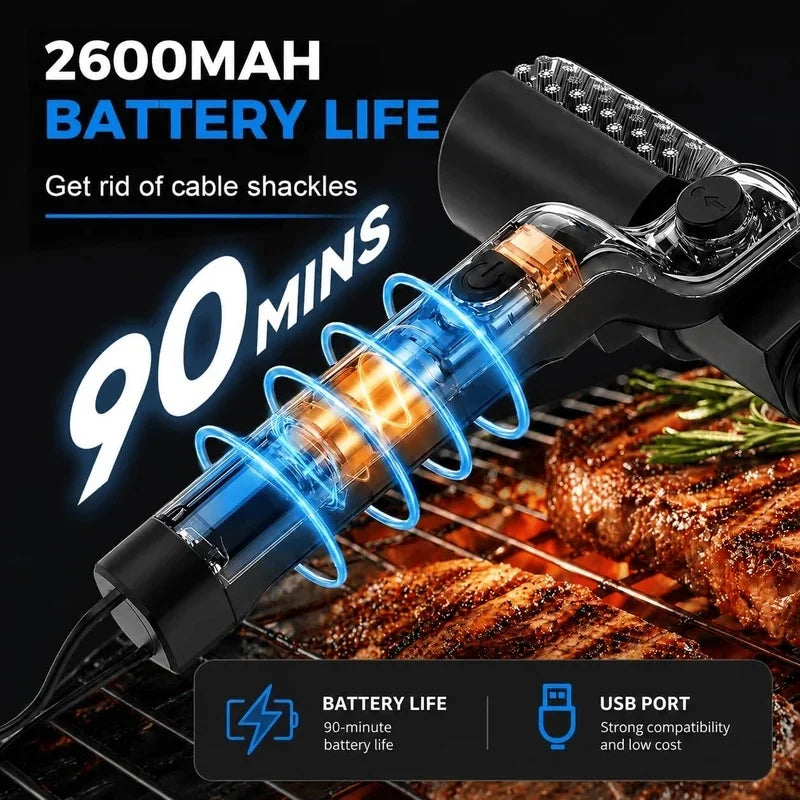 Escova Elétrica para Grelha 2 em 1 Sem Fio Recarregável, Escova de Limpeza para Grelha com Cabeça de Aço Inoxidável, Potência de 3 Velocidades para Grelhas de Churrasco