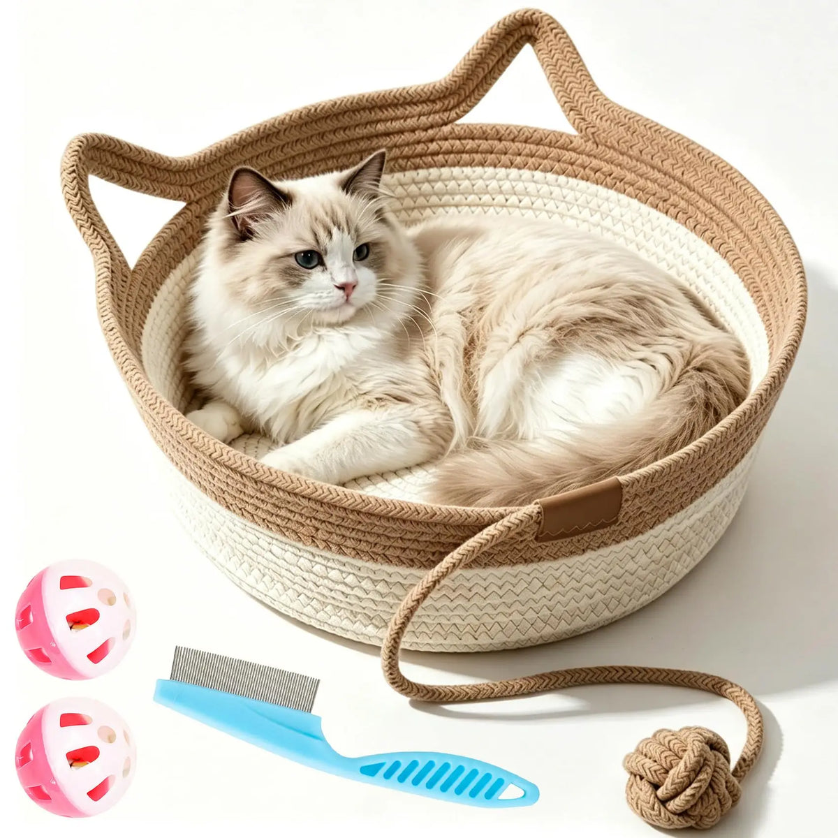 Cesto Cat Instinct - Cama Divertida de Corda de Algodão Tecida à Mão, Equipada com uma Cauda de Brinquedo