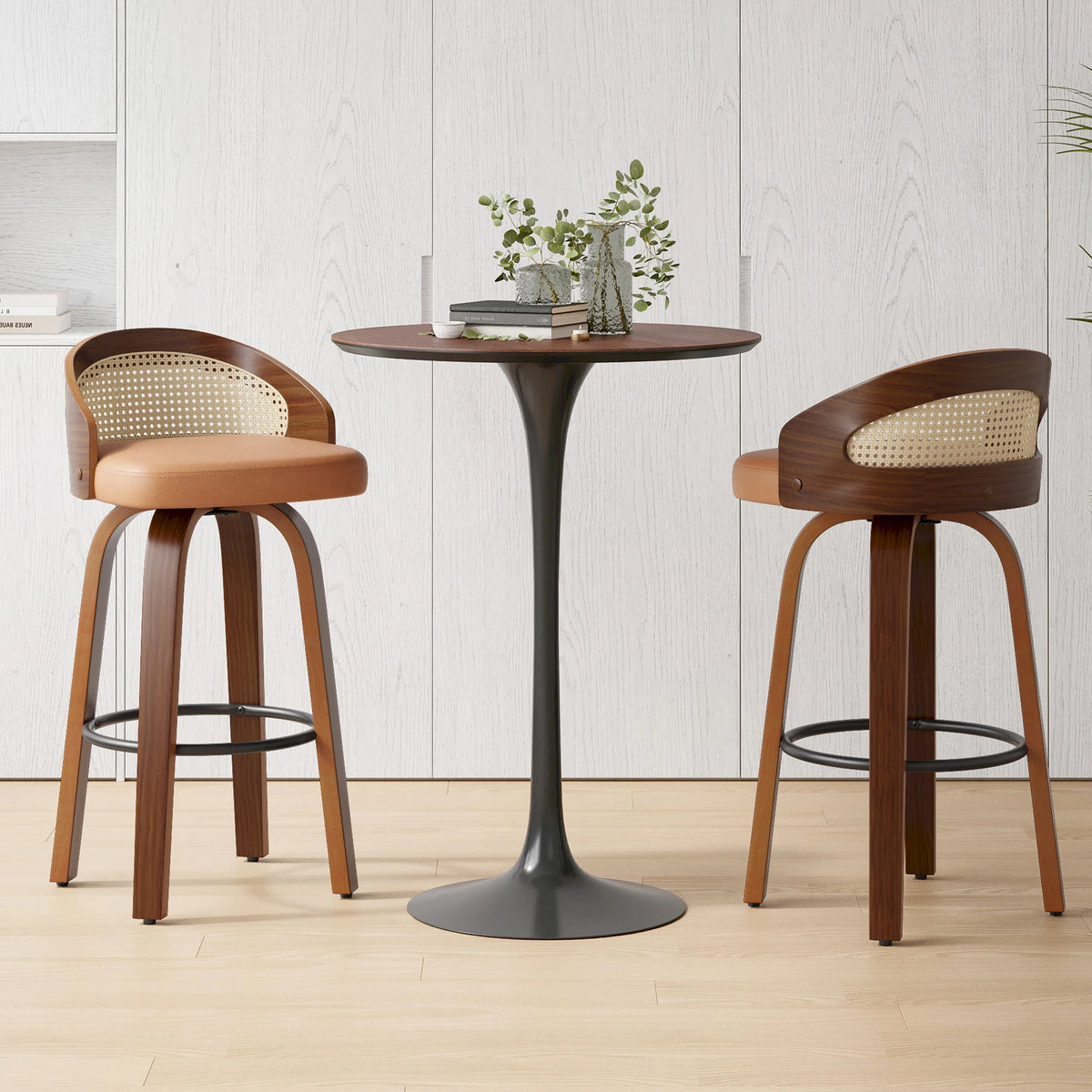Conjunto de 2 Banquetas Giratórias, Estrutura Moderna em Madeira com Encosto de Rattan, Assento em Couro PU para Balcão de Cozinha, Mesa de Bar